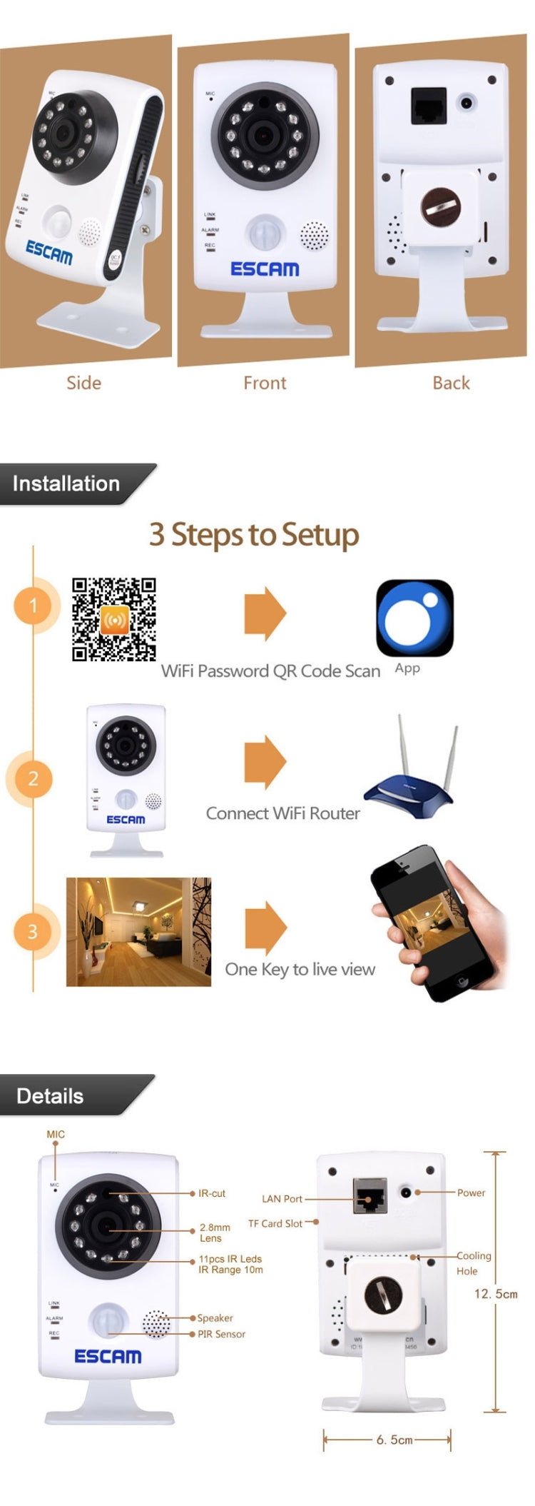 ESCAM QF502 HD 720P ONVIF 1.0MP H.264 P2P 2.8mm WiFi PIR Alarm Camera, Dual IR-CUT Filter, IR Distance: 10m