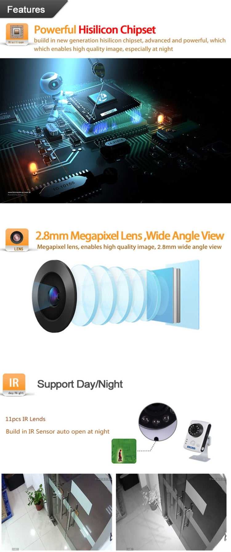 ESCAM QF502 HD 720P ONVIF 1.0MP H.264 P2P 2.8mm WiFi PIR Alarm Camera, Dual IR-CUT Filter, IR Distance: 10m