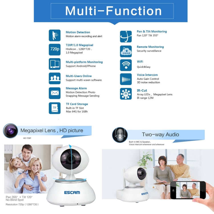 ESCAM Super Egg QF550 HD 720P Alarm WiFi IP Camera, 1 / 4 inch CMOS 1.0MP, Support Motion Detection / IR-CUT, IR Distance: 12m(White)