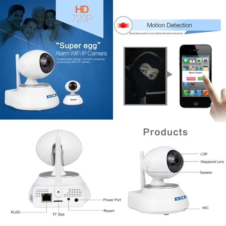 ESCAM Super Egg QF550 HD 720P Alarm WiFi IP Camera, 1 / 4 inch CMOS 1.0MP, Support Motion Detection / IR-CUT, IR Distance: 12m(White)