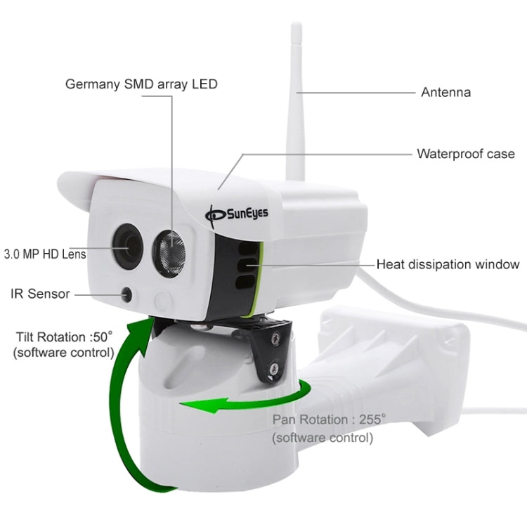 SunEyes SP-P701EWPT 1280x720P HD Pan/Tilt Waterproof IP Camera Wireless P2P Outdoor with TF/Micro SD Card Slot(White)