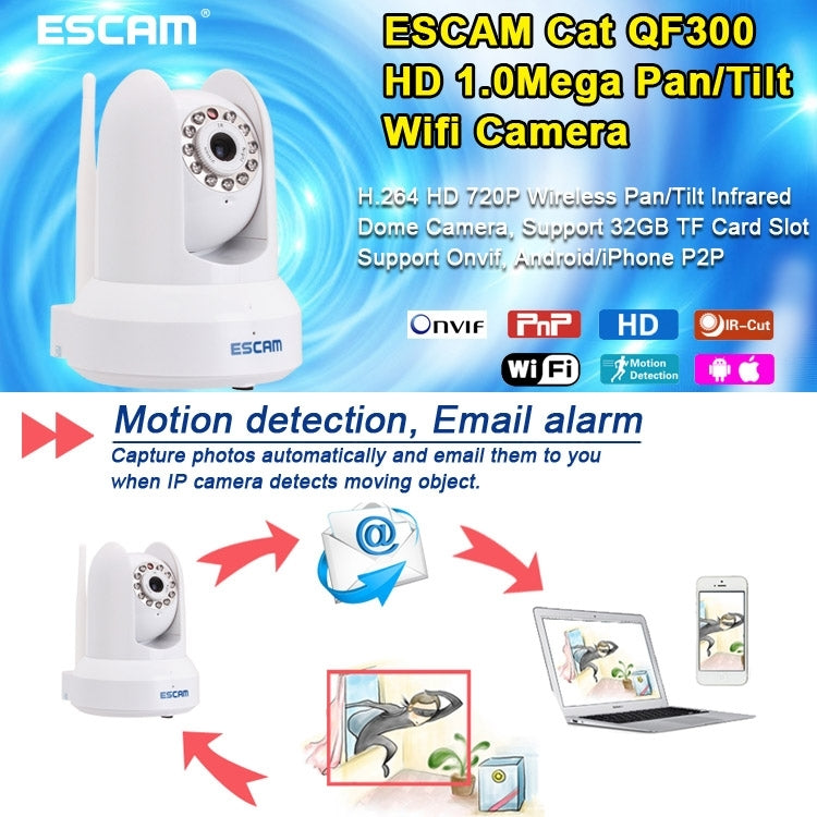 Escam Cat QF300 H.264 HD 720P Wireless Infrared Dome IP Camera, Support Onvif/ WPS Encryption