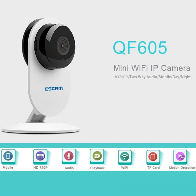 ESCAM Ant QF605 HD 720P ONVIF H.264 Dual-stream P2P 1.0MP 3.6mm Lens WiFi PIR Alarm Camera, Support Motion Detection / Dual IR-CUT Filter, IR Distance: 10m(White)