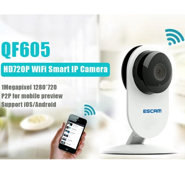 ESCAM Ant QF605 HD 720P ONVIF H.264 Dual-stream P2P 1.0MP 3.6mm Lens WiFi PIR Alarm Camera, Support Motion Detection / Dual IR-CUT Filter, IR Distance: 10m(White)