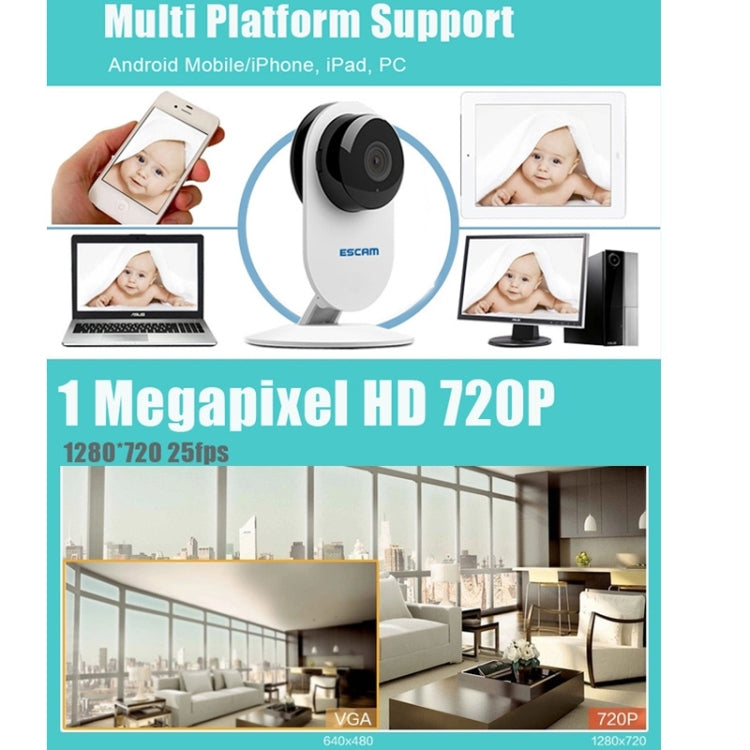 ESCAM Ant QF605 HD 720P ONVIF H.264 Dual-stream P2P 1.0MP 3.6mm Lens WiFi PIR Alarm Camera, Support Motion Detection / Dual IR-CUT Filter, IR Distance: 10m(White)