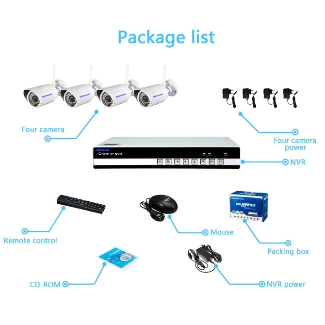 szsinocam SN-6004E 4 x HD 720P P2P 1.0 Mega Pixel Wireless Cloud IP Camera + 4Ch NVR Kit, with Video Push Alarm, Supports ONVIF, IR Distance: 20m