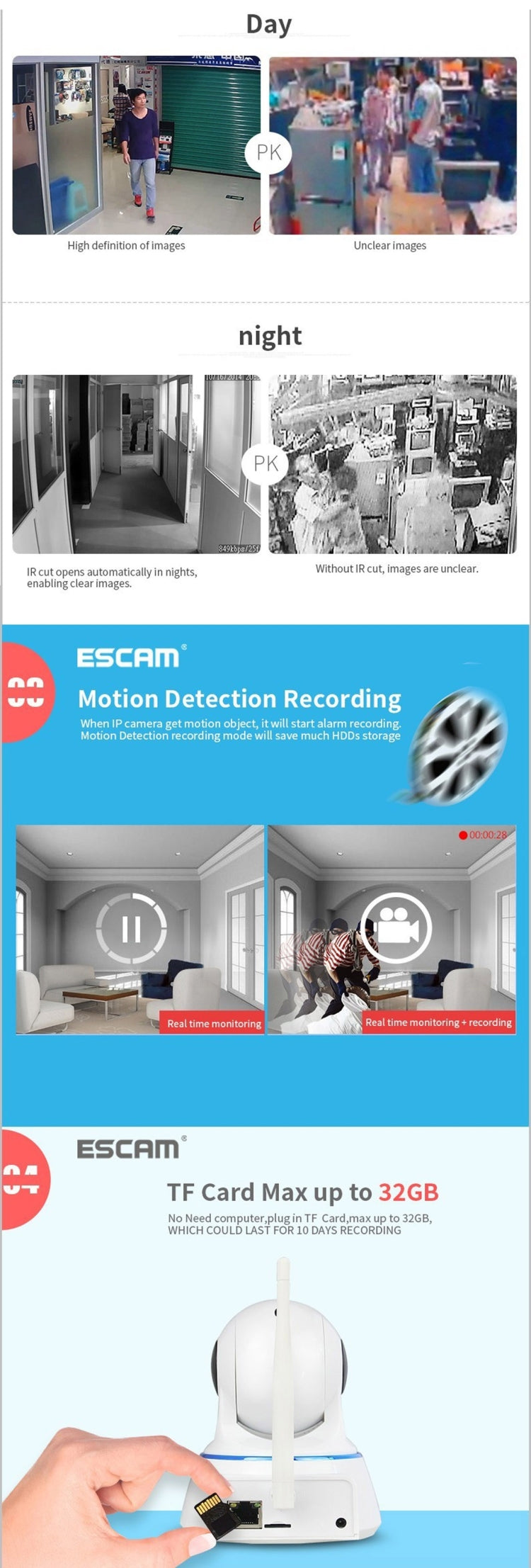 ESCAM QF002 720P 1/4 inch Dual IR-CUT 1.0MP PTZ WiFi IP Camera, Support Night Vision / Motion Detection, IR Distance: 10m