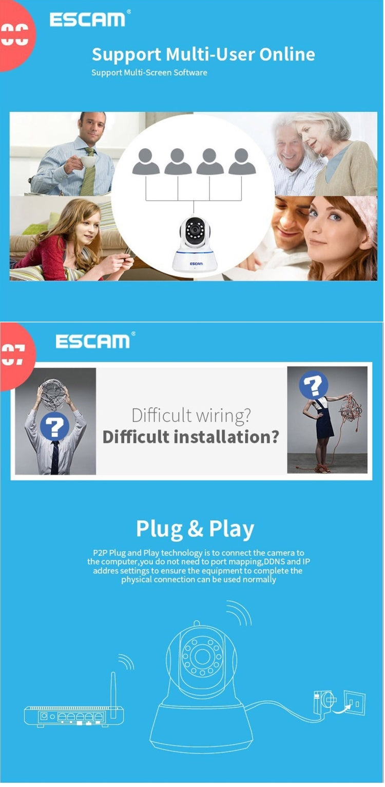 ESCAM QF002 720P 1/4 inch Dual IR-CUT 1.0MP PTZ WiFi IP Camera, Support Night Vision / Motion Detection, IR Distance: 10m