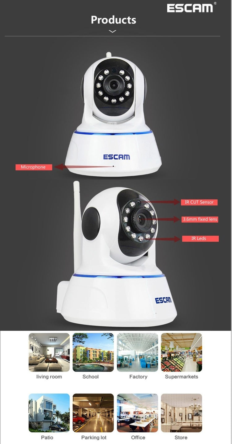 ESCAM QF002 720P 1/4 inch Dual IR-CUT 1.0MP PTZ WiFi IP Camera, Support Night Vision / Motion Detection, IR Distance: 10m