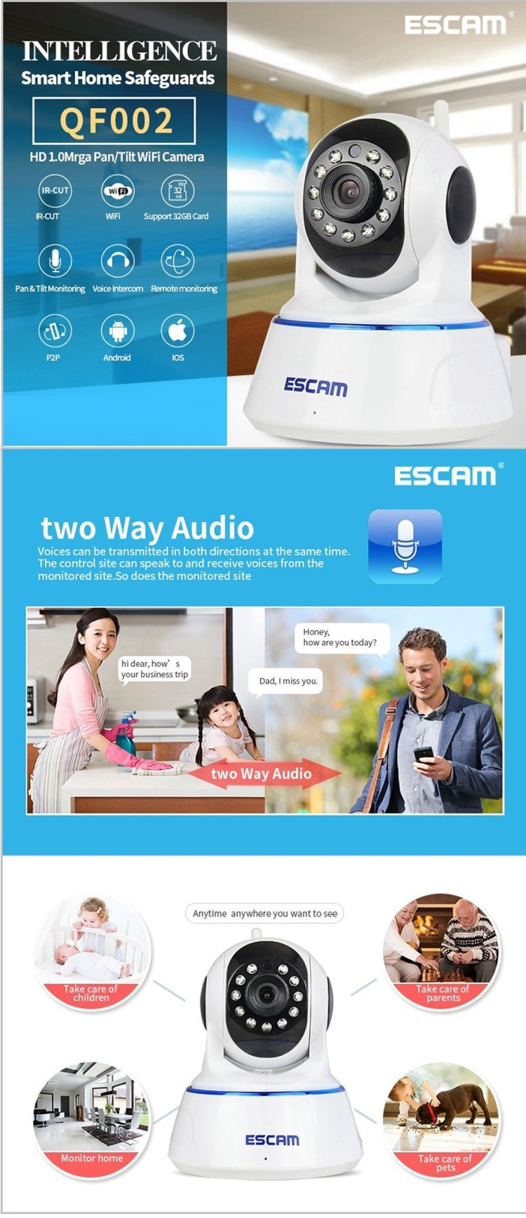 ESCAM QF002 720P 1/4 inch Dual IR-CUT 1.0MP PTZ WiFi IP Camera, Support Night Vision / Motion Detection, IR Distance: 10m