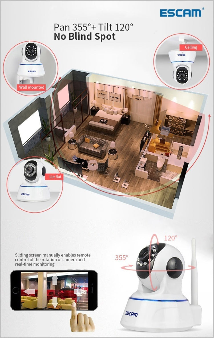 ESCAM QF002 720P 1/4 inch Dual IR-CUT 1.0MP PTZ WiFi IP Camera, Support Night Vision / Motion Detection, IR Distance: 10m