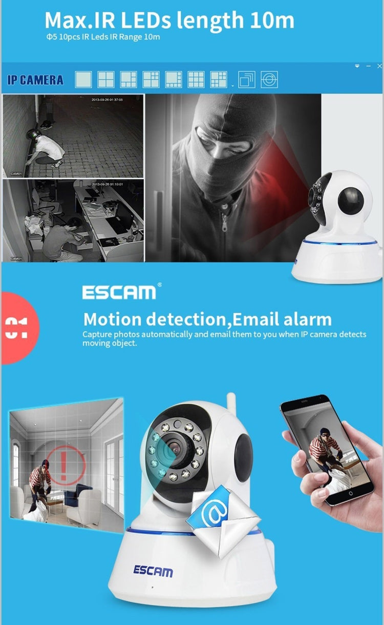 ESCAM QF002 720P 1/4 inch Dual IR-CUT 1.0MP PTZ WiFi IP Camera, Support Night Vision / Motion Detection, IR Distance: 10m