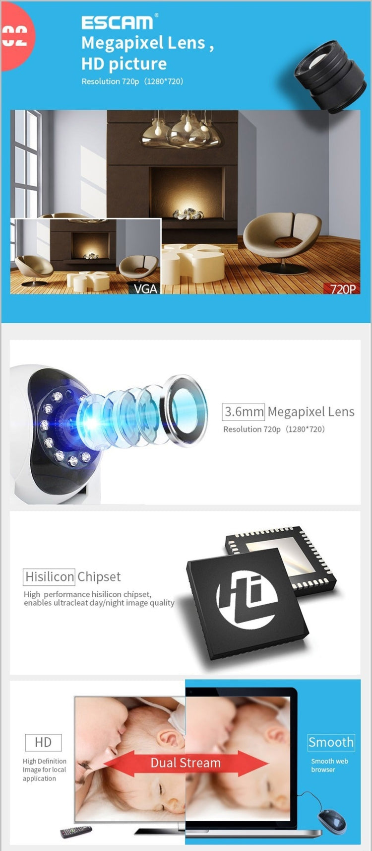 ESCAM QF002 720P 1/4 inch Dual IR-CUT 1.0MP PTZ WiFi IP Camera, Support Night Vision / Motion Detection, IR Distance: 10m