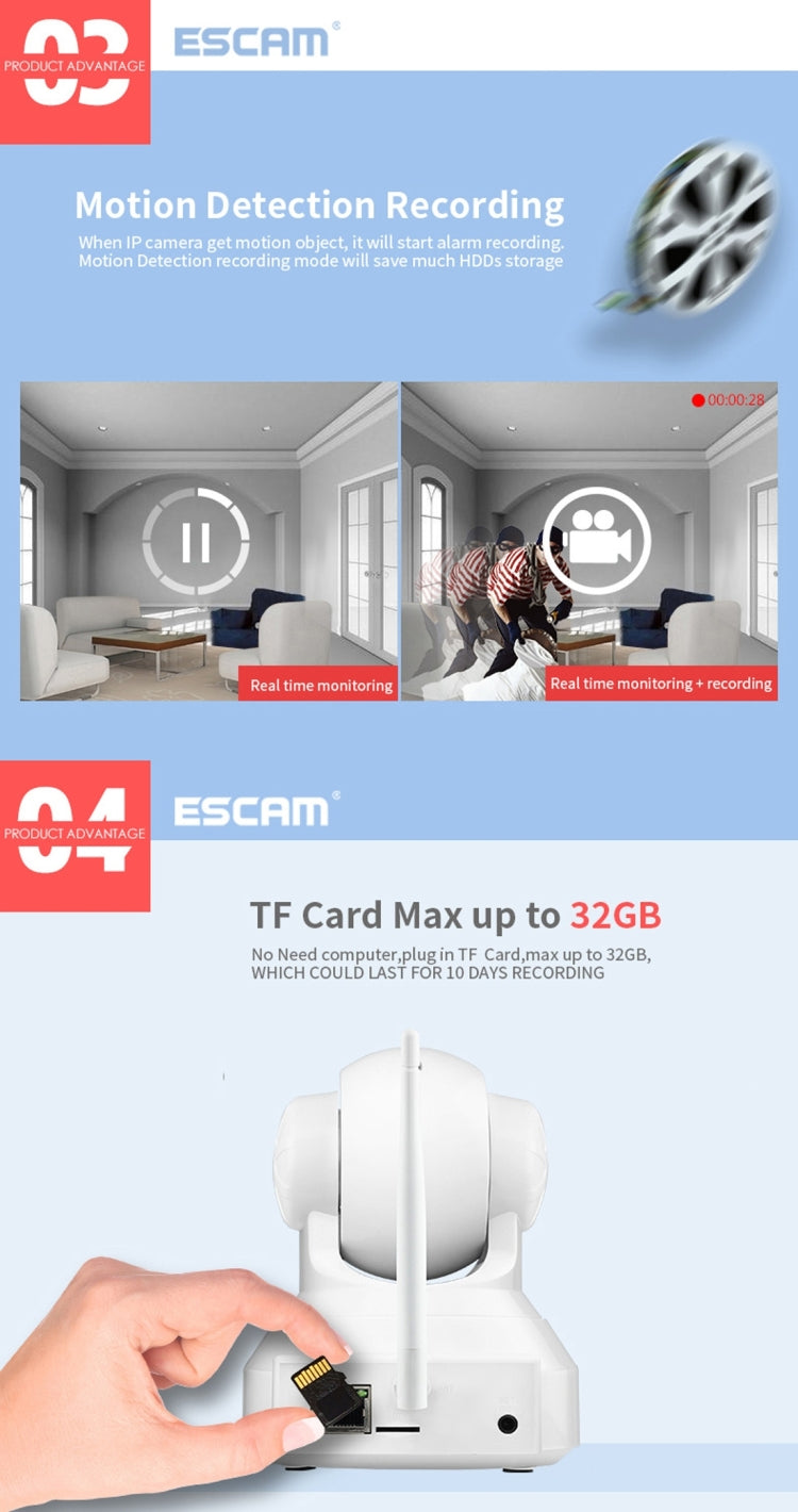 ESCAM QF001 720P 1/4 inch Dual IR-CUT 1.0MP PTZ WiFi IP Camera, Support Night Vision / Motion Detection, IR Distance: 10m