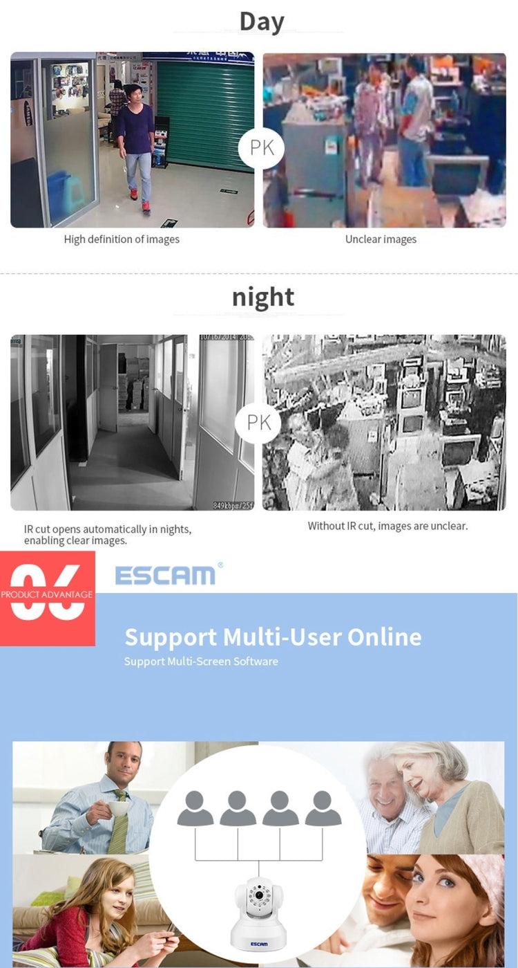 ESCAM QF001 720P 1/4 inch Dual IR-CUT 1.0MP PTZ WiFi IP Camera, Support Night Vision / Motion Detection, IR Distance: 10m