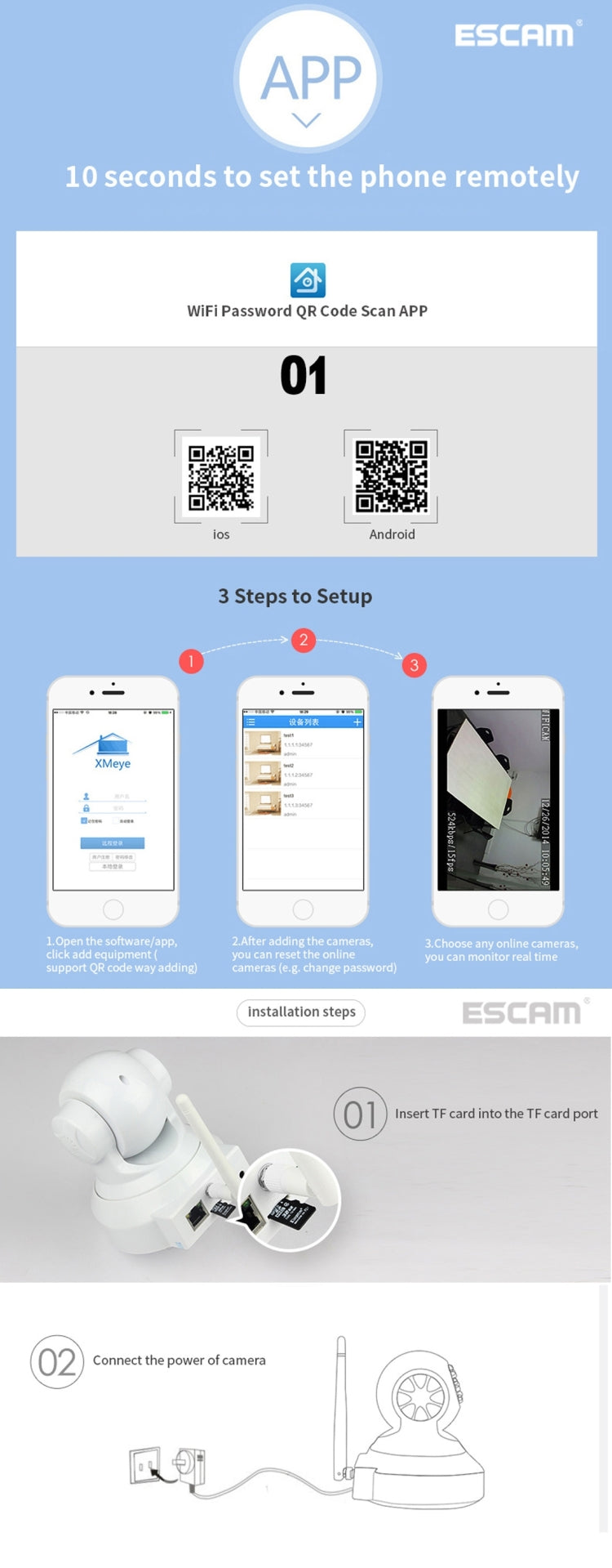 ESCAM QF001 720P 1/4 inch Dual IR-CUT 1.0MP PTZ WiFi IP Camera, Support Night Vision / Motion Detection, IR Distance: 10m