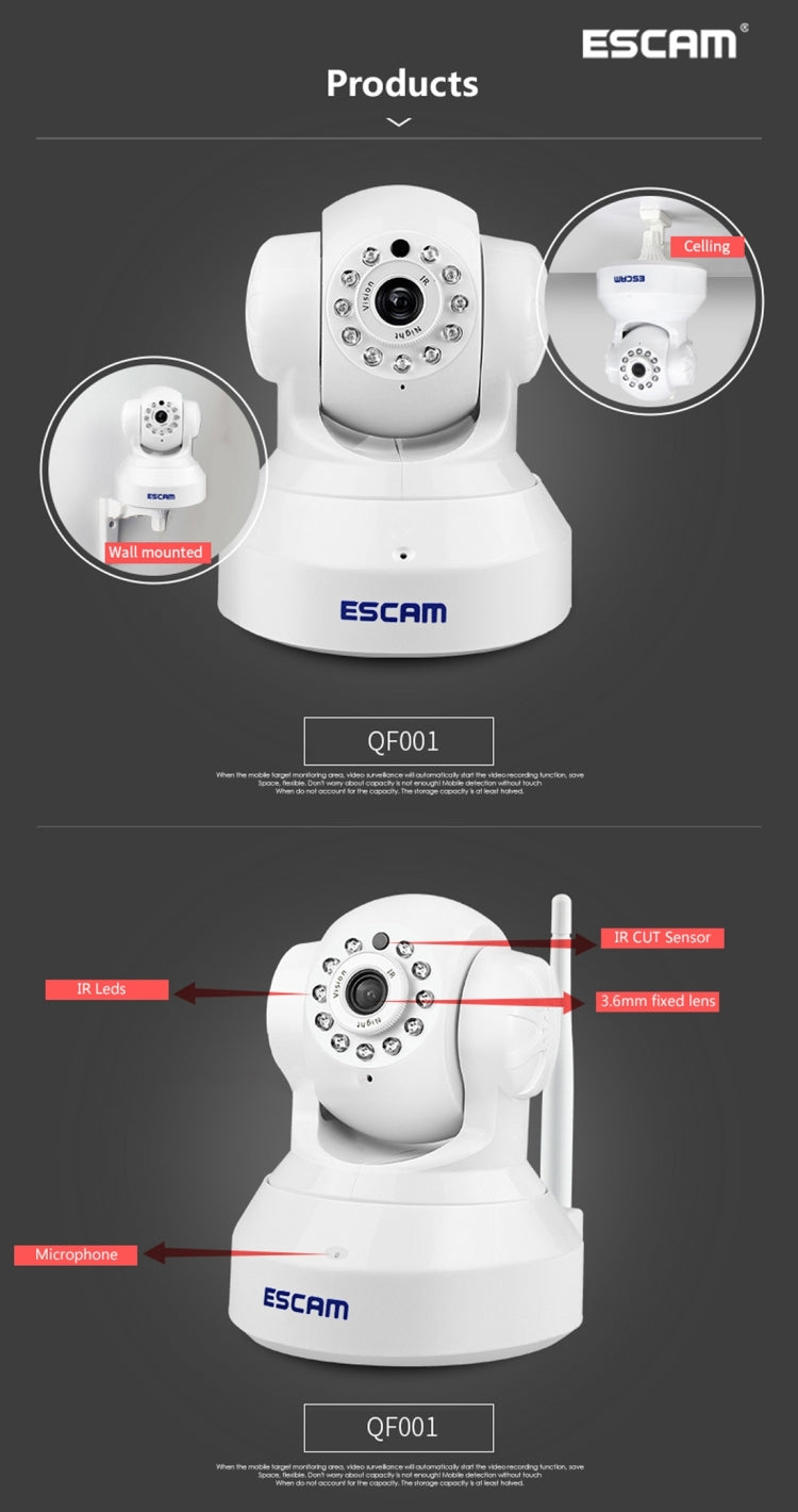 ESCAM QF001 720P 1/4 inch Dual IR-CUT 1.0MP PTZ WiFi IP Camera, Support Night Vision / Motion Detection, IR Distance: 10m