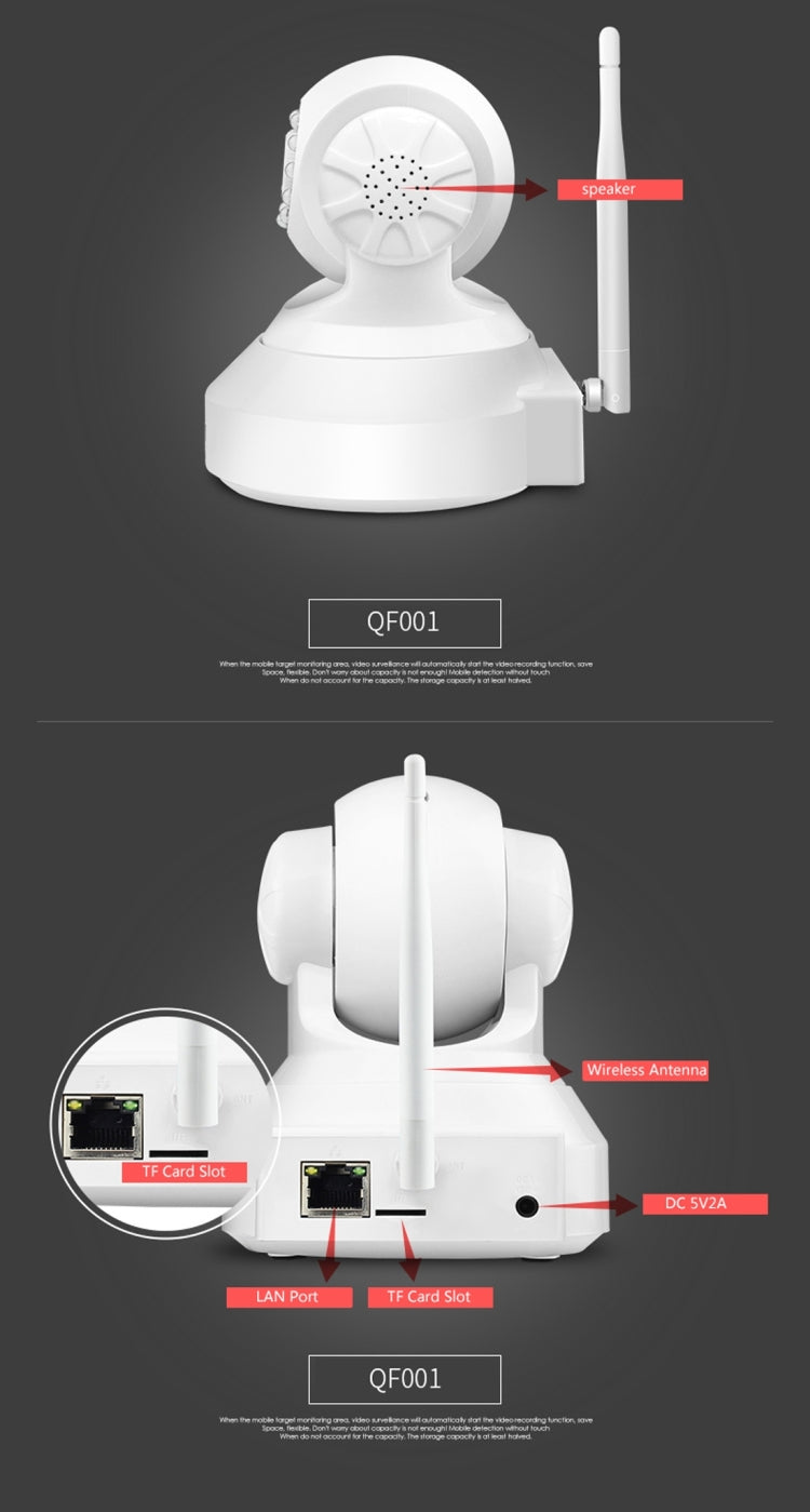 ESCAM QF001 720P 1/4 inch Dual IR-CUT 1.0MP PTZ WiFi IP Camera, Support Night Vision / Motion Detection, IR Distance: 10m