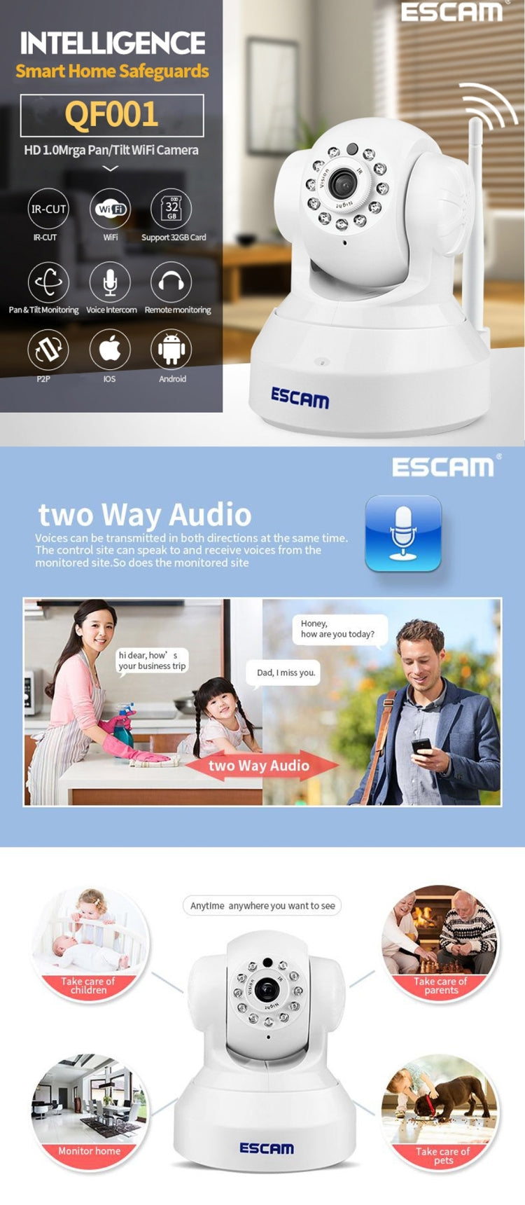 ESCAM QF001 720P 1/4 inch Dual IR-CUT 1.0MP PTZ WiFi IP Camera, Support Night Vision / Motion Detection, IR Distance: 10m