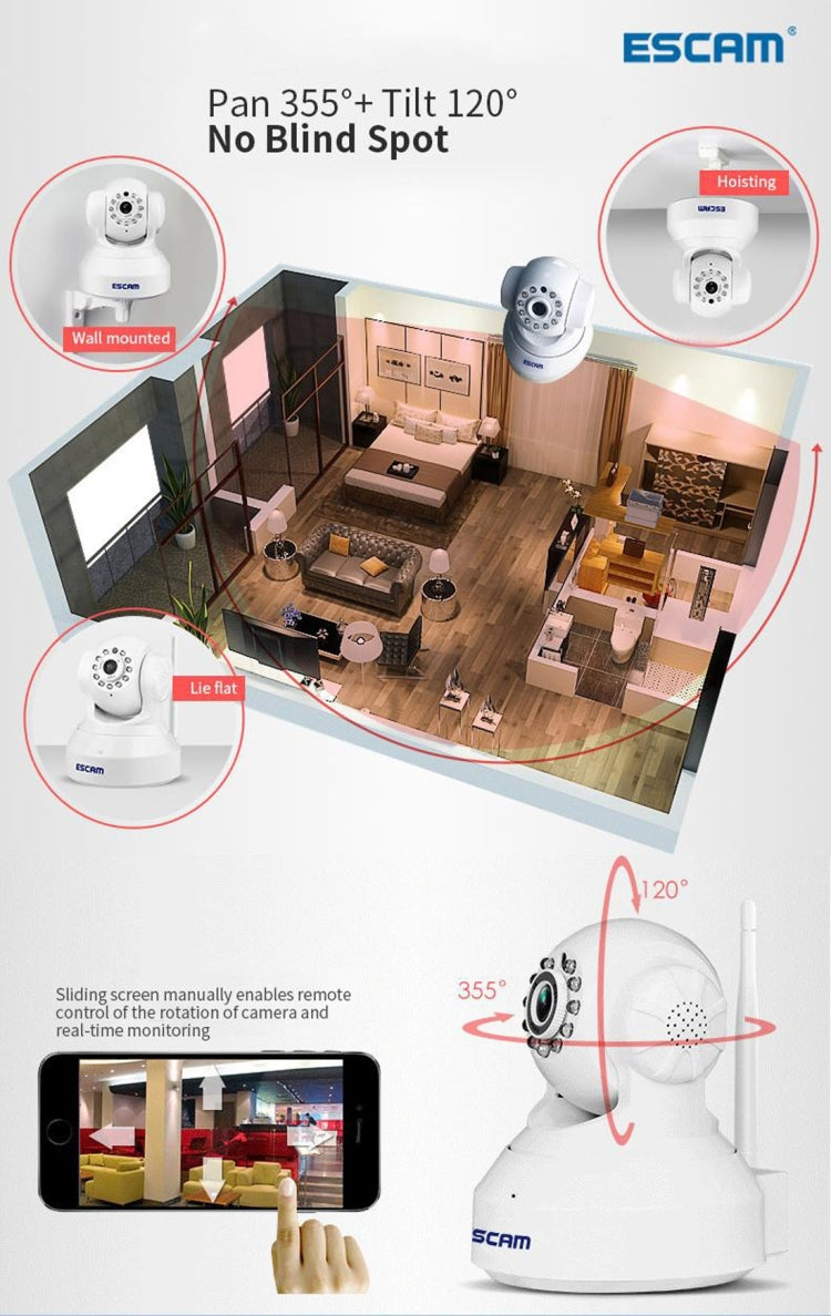 ESCAM QF001 720P 1/4 inch Dual IR-CUT 1.0MP PTZ WiFi IP Camera, Support Night Vision / Motion Detection, IR Distance: 10m