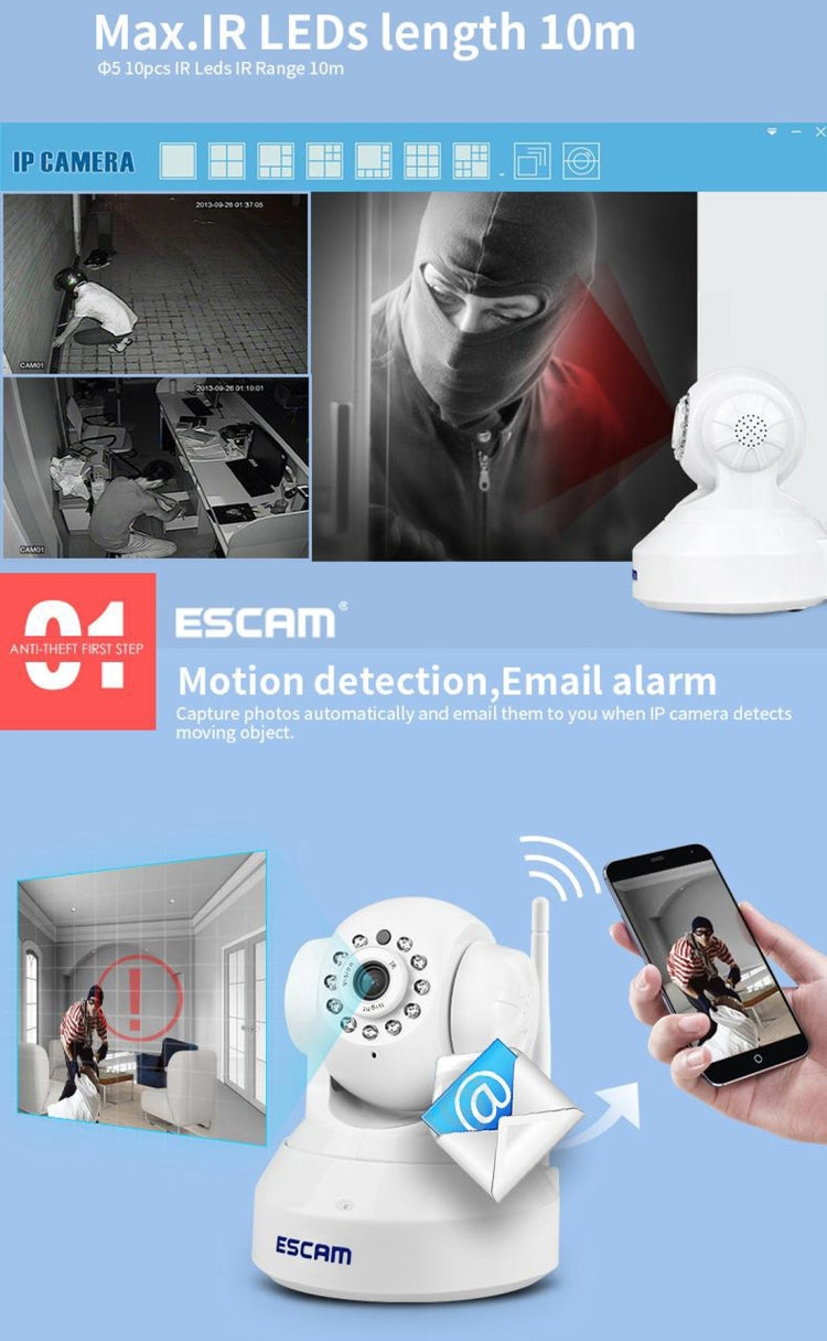 ESCAM QF001 720P 1/4 inch Dual IR-CUT 1.0MP PTZ WiFi IP Camera, Support Night Vision / Motion Detection, IR Distance: 10m