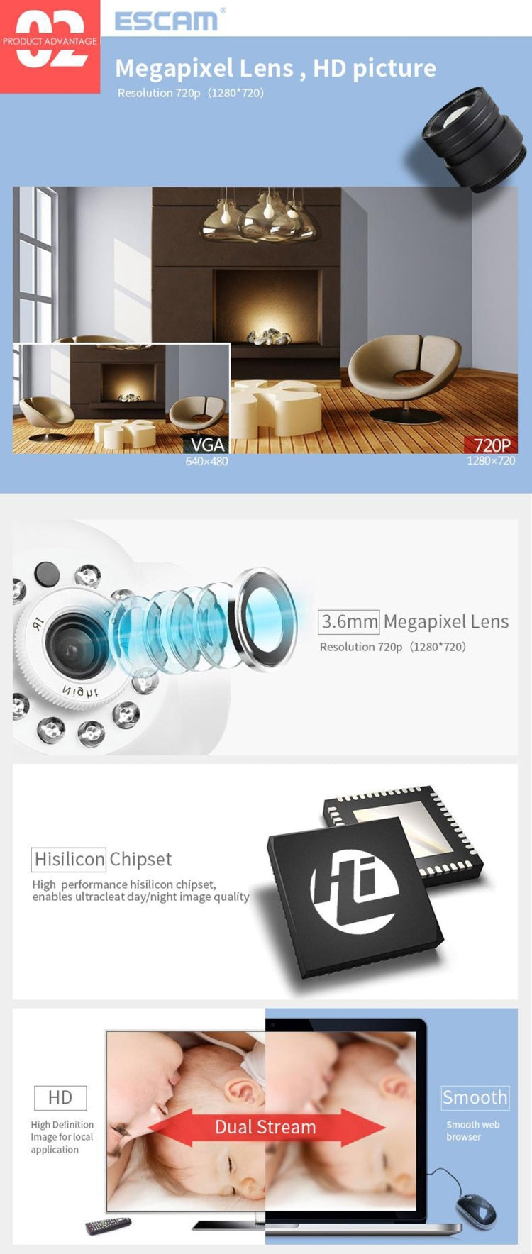 ESCAM QF001 720P 1/4 inch Dual IR-CUT 1.0MP PTZ WiFi IP Camera, Support Night Vision / Motion Detection, IR Distance: 10m