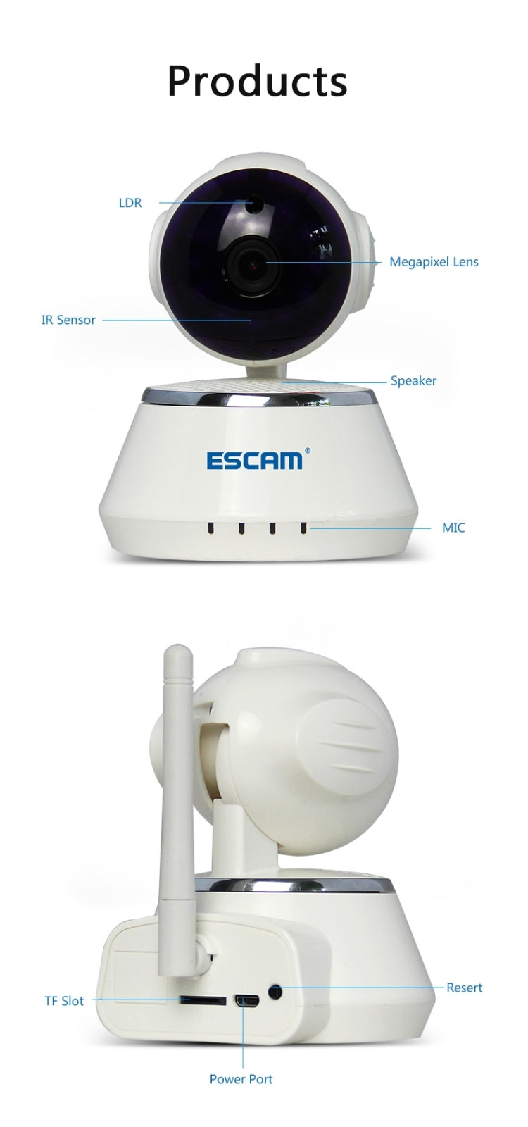 ESCAM QF510 Secure Dog HD 720P H.264 Onvif 1.0MP PTZ P2P WiFi IR-Dome IP Camera