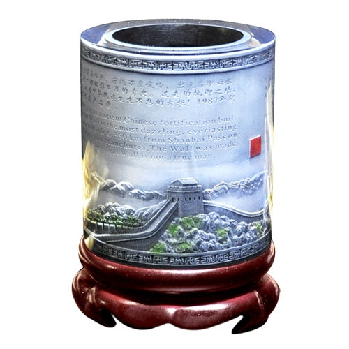 Crystal Resin Material Great Wall Embossed Pattern Ornaments Drum Shape Rotation Pen Holder