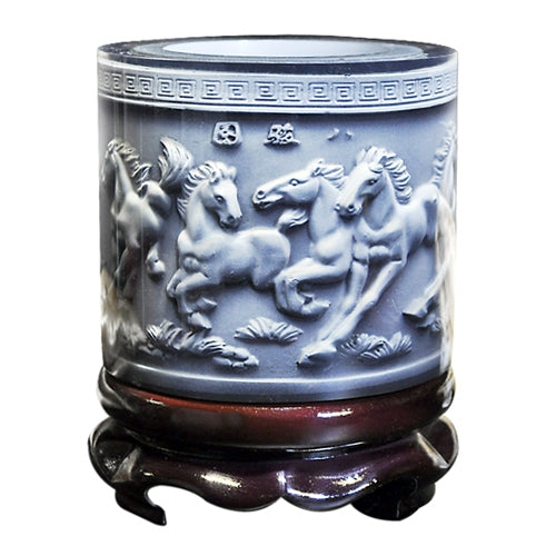 Crystal Resin Material Eight Running Horses Embossed Pattern Ornaments Drum Shape Rotation Pen Holder