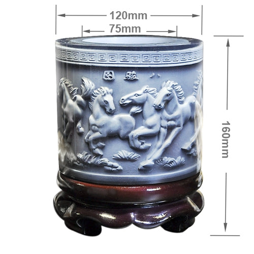Crystal Resin Material Eight Running Horses Embossed Pattern Ornaments Drum Shape Rotation Pen Holder