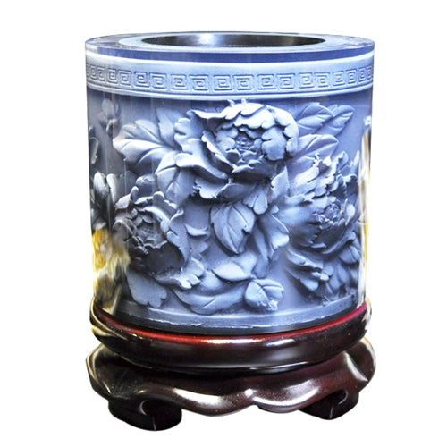 Crystal Resin Material Peony Embossed Pattern Ornaments Drum Shape Rotation Pen Holder