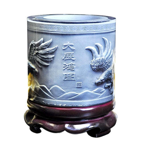 Crystal Resin Material Eagle Wings Embossed Pattern Ornaments Drum Shape Rotation Pen Holder