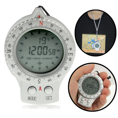 4 in 1 (Digital Compass / Clock / Thermometer / Stopwatch) Portable Compass(Silver)