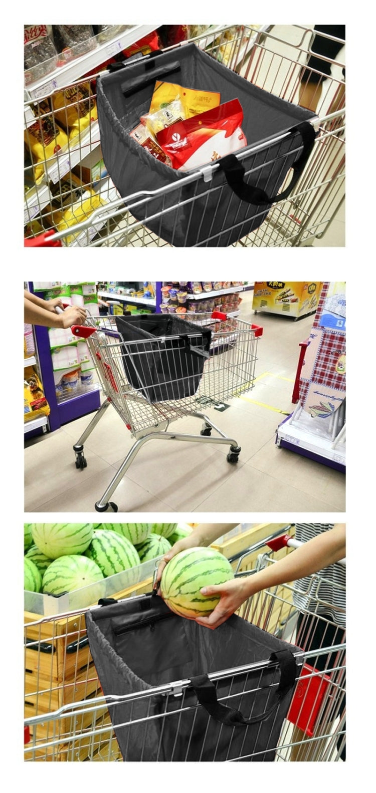 Supermarket Grocery Cart Bags Tote Cart Bags Folder Shopping Cart Bags(Black)