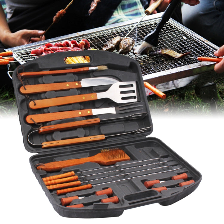 18 in 1 Portable Outdoor BBQ Barbecue Stainless Steel Tool Kit with Wooden Handles