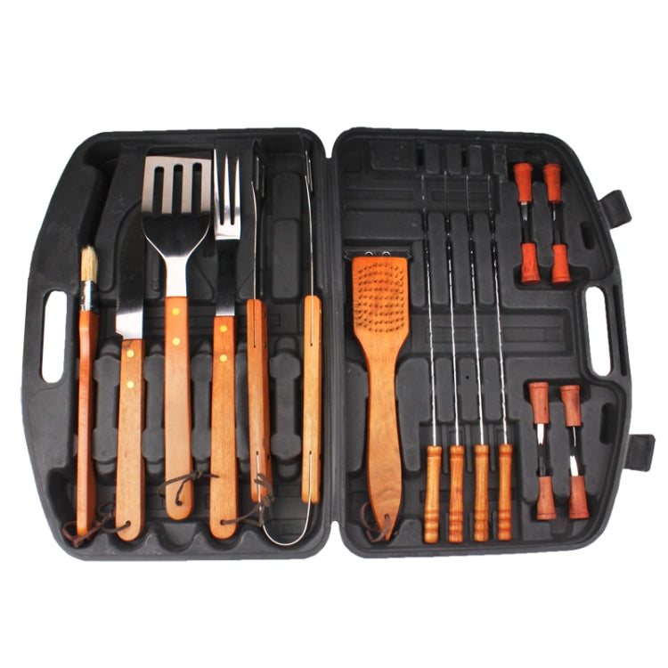 18 in 1 Portable Outdoor BBQ Barbecue Stainless Steel Tool Kit with Wooden Handles