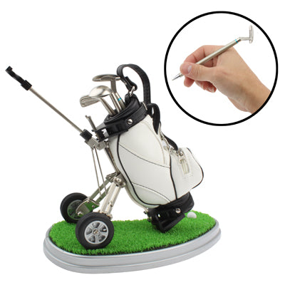 Synthetic Leather Golf Trolley Design Pen Holder with 3 Golf Gear Shaped Pens / Plastic Grass Mat