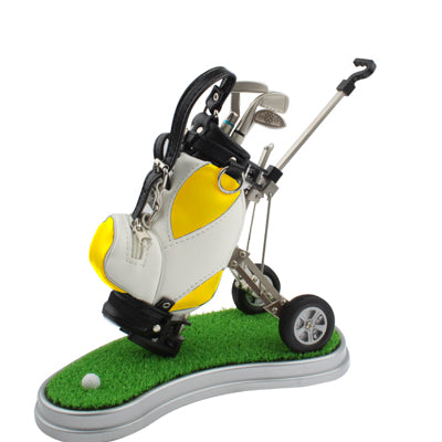 Synthetic Leather Golf Trolley Design Pen Holder with 3 Golf Gear Shaped Pens / Plastic Grass Mat