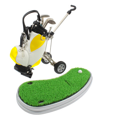 Synthetic Leather Golf Trolley Design Pen Holder with 3 Golf Gear Shaped Pens / Plastic Grass Mat