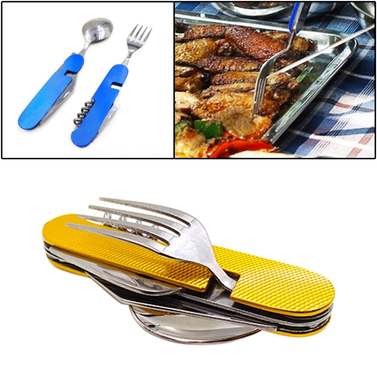 6-in-1 Stainless Steel Travel / Camping Folding Cutlery Set, Spoon + Fork + Knife +  Bottle Opener Set(Yellow)