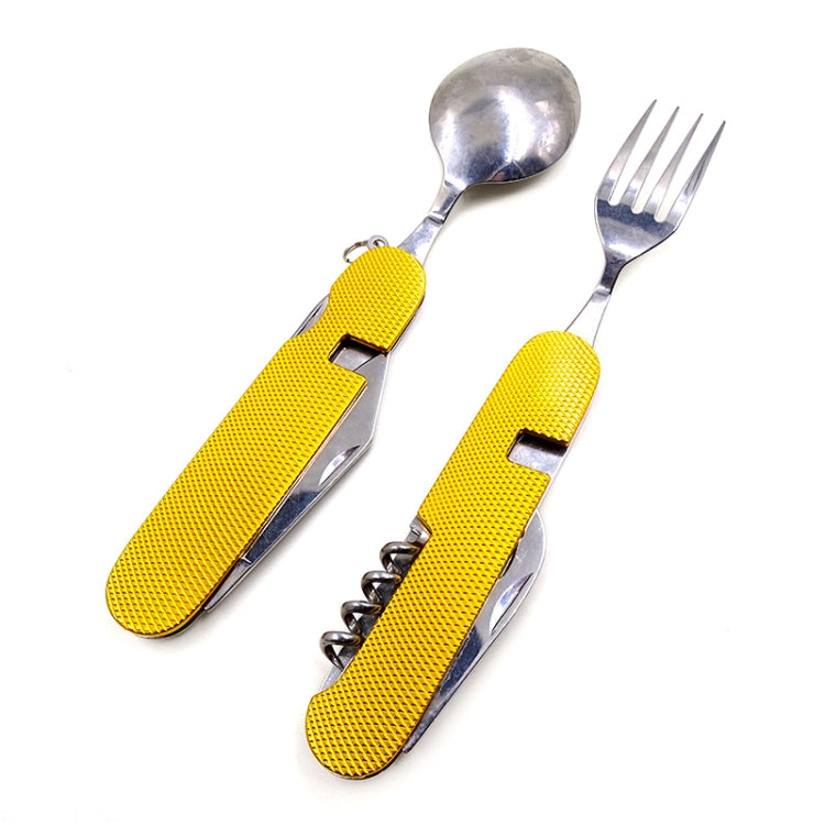 6-in-1 Stainless Steel Travel / Camping Folding Cutlery Set, Spoon + Fork + Knife +  Bottle Opener Set(Yellow)