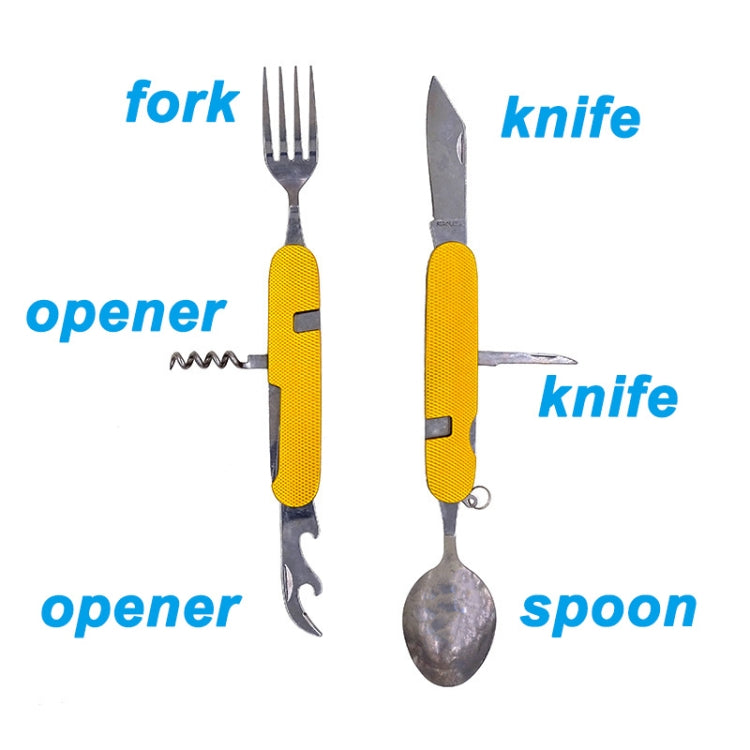 6-in-1 Stainless Steel Travel / Camping Folding Cutlery Set, Spoon + Fork + Knife +  Bottle Opener Set(Yellow)