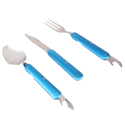 4-in-1 Stainless Steel Travel / Camping Folding Cutlery Set, Spoon + Fork + Knife +  Bottle Opener Set(Blue)