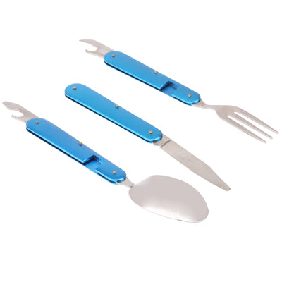 4-in-1 Stainless Steel Travel / Camping Folding Cutlery Set, Spoon + Fork + Knife +  Bottle Opener Set(Blue)