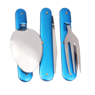4-in-1 Stainless Steel Travel / Camping Folding Cutlery Set, Spoon + Fork + Knife +  Bottle Opener Set(Blue)