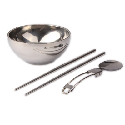 Stainless Steel Travel-Easy Foldable Dinner Set (Spoon + Chopsticks + Bowl) with Pouch(Silver)