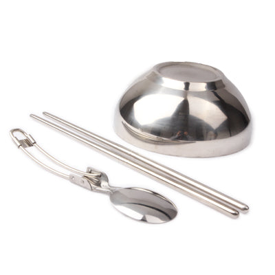 Stainless Steel Travel-Easy Foldable Dinner Set (Spoon + Chopsticks + Bowl) with Pouch(Silver)