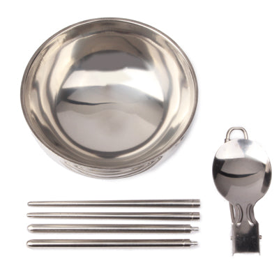 Stainless Steel Travel-Easy Foldable Dinner Set (Spoon + Chopsticks + Bowl) with Pouch(Silver)