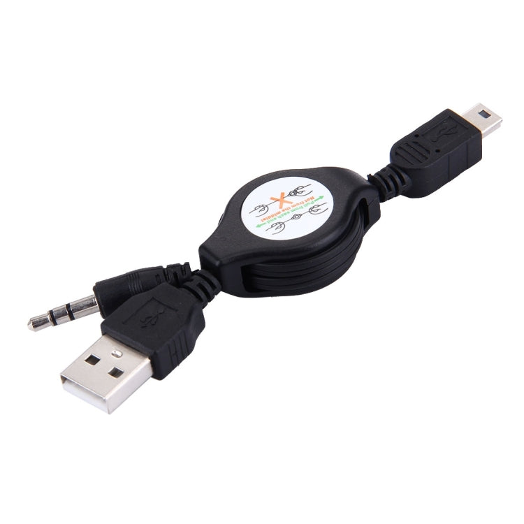 USB to 3.5mm AUX + Mini 5 Pin USB Retractable Cable for Portable Speaker, Length: 10cm (Can be Extended to 80cm), Black