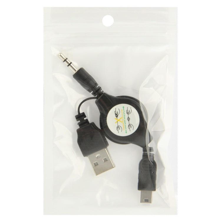 USB to 3.5mm AUX + Mini 5 Pin USB Retractable Cable for Portable Speaker, Length: 10cm (Can be Extended to 80cm), Black